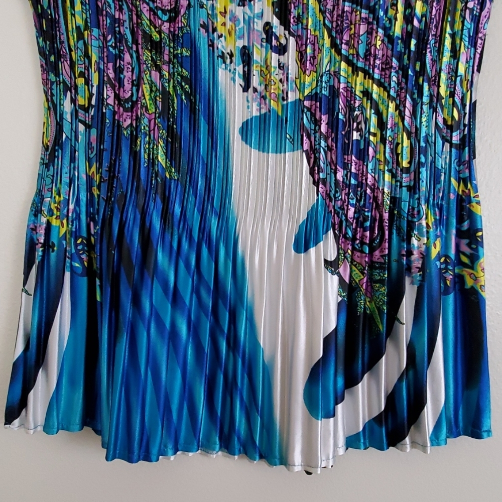 Unbranded Artsy Blue, Green & White Print Cap Sleeve Top M - Picture 4 of 7